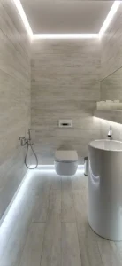 10 hidden lighting at both the intersections with the wall is a great idea for a tiny bathroom
